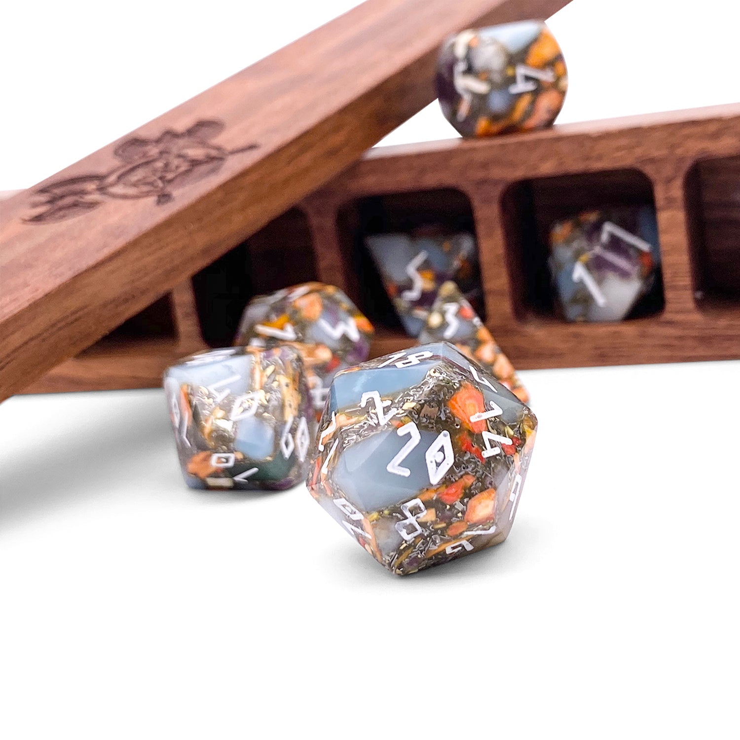 Amazonite Orange Imperial Jasper with Copper- 7 Piece RPG Set TruStone Dice-Gemstone Dice-Norse Foundry-Dungeons and Dragons Dice-Gem Dice-DND Dice-Gaming Dice