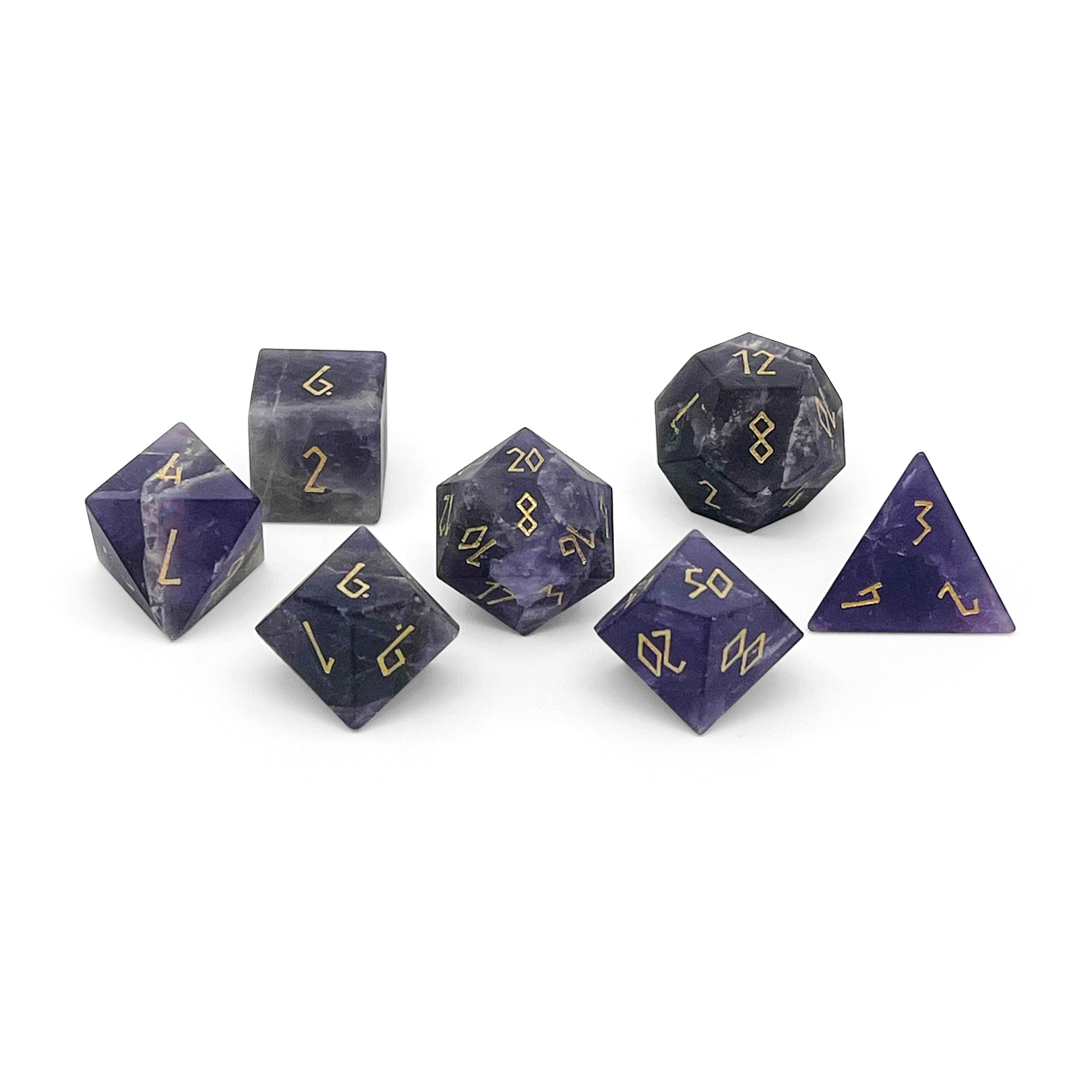 Amethyst - Frosted Gold Font 7 Piece RPG Set Gemstone Dice-Gemstone Dice-Norse Foundry-Dungeons and Dragons Dice-Gem Dice-DND Dice-Gaming Dice