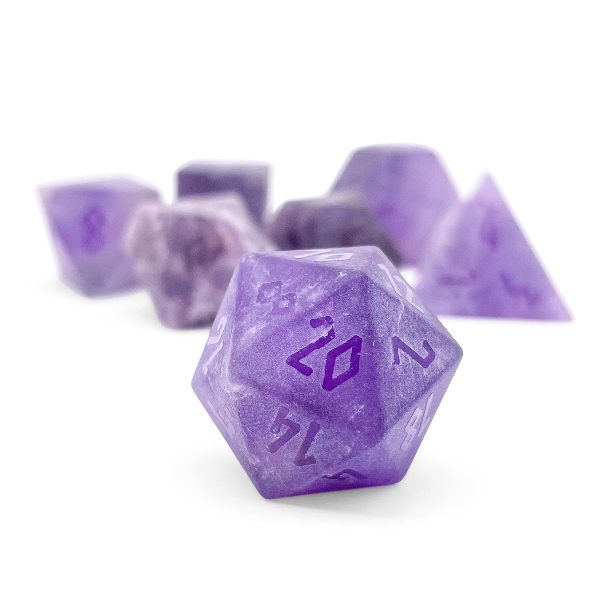 Amethyst - Frosted - Raised 7 Piece RPG Set Gemstone Dice-Gemstone Dice-Norse Foundry-Dungeons and Dragons Dice-Gem Dice-DND Dice-Gaming Dice