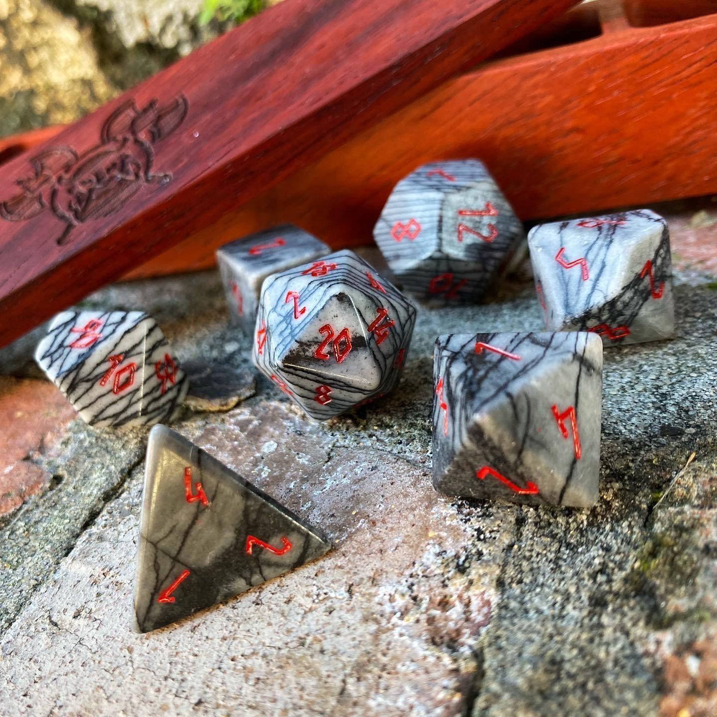 Black Network Agate - 7 Piece RPG Set Gemstone Dice-Gemstone Dice-Norse Foundry-Dungeons and Dragons Dice-Gem Dice-DND Dice-Gaming Dice