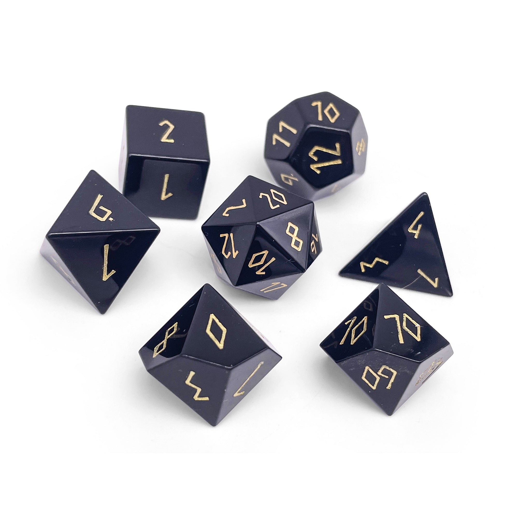 Black Obsidian - Gold Font - 7 Piece RPG Set Gemstone Dice-Gemstone Dice-Norse Foundry-Dungeons and Dragons Dice-Gem Dice-DND Dice-Gaming Dice