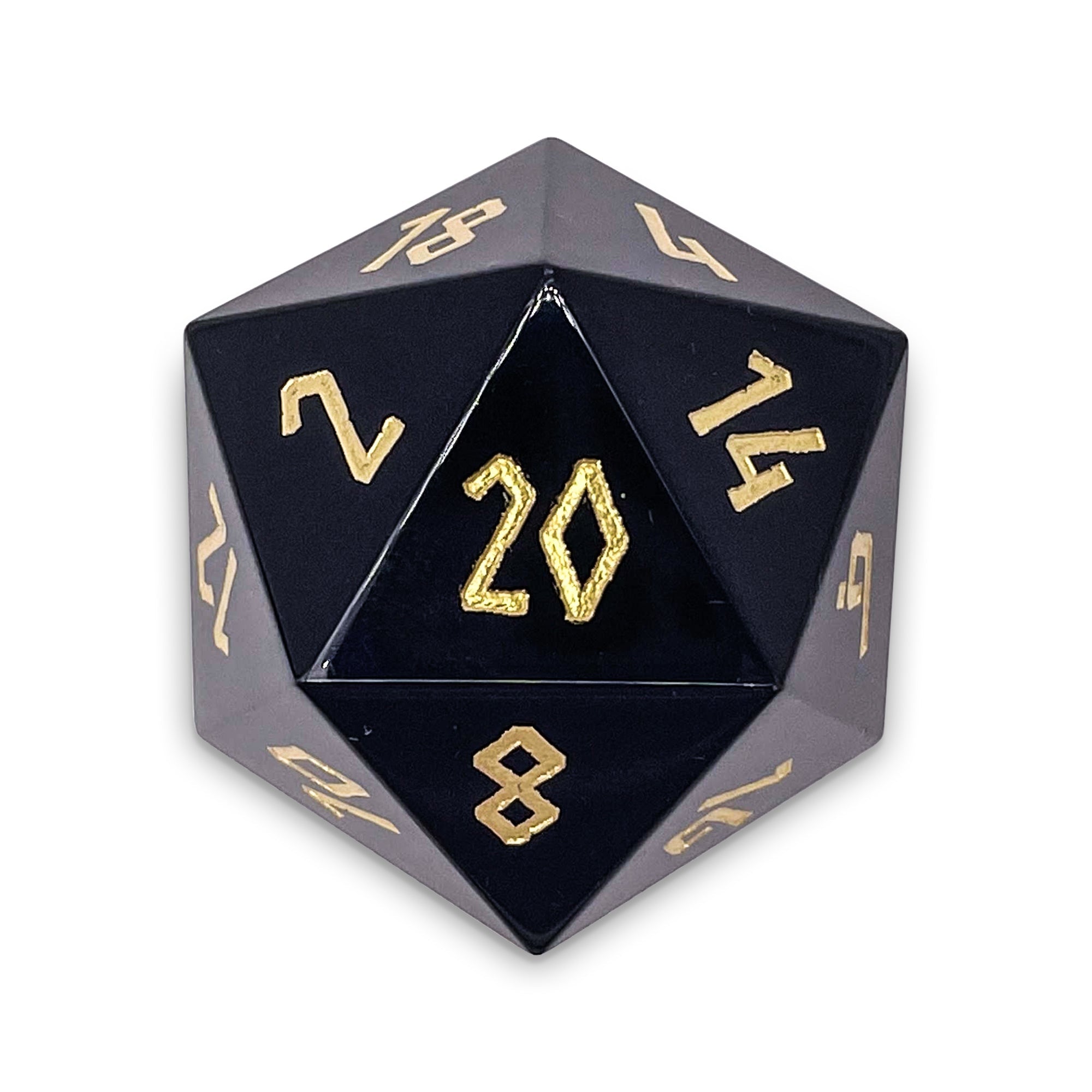 Black Obsidian - Gold Font Boulder® 30mm Gemstone Dice-Gemstone Dice-Norse Foundry-Dungeons and Dragons Dice-Gem Dice-D20-Gemstone D20