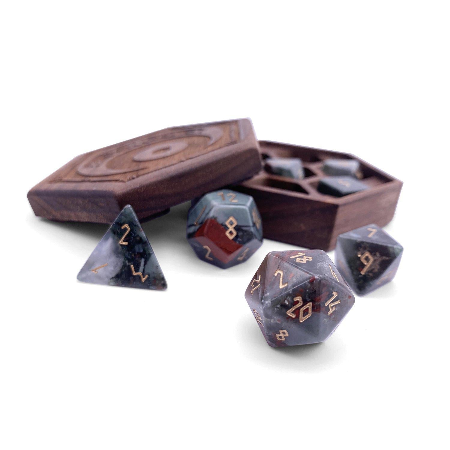 Bloodstone - 7 Piece RPG Set Gemstone Dice-Gemstone Dice-Norse Foundry-Dungeons and Dragons Dice-Gem Dice-DND Dice-Gaming Dice