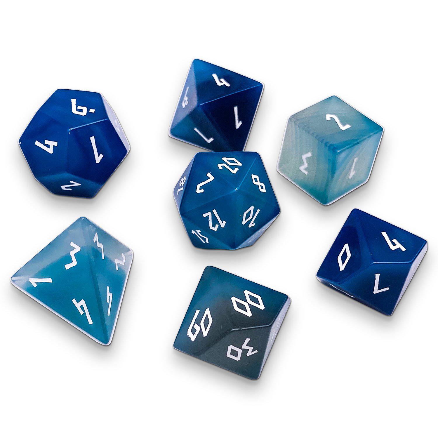 Blue Striped Agate - 7 Piece RPG Set Gemstone Dice-Gemstone Dice-Norse Foundry-Dungeons and Dragons Dice-Gem Dice-DND Dice-Gaming Dice