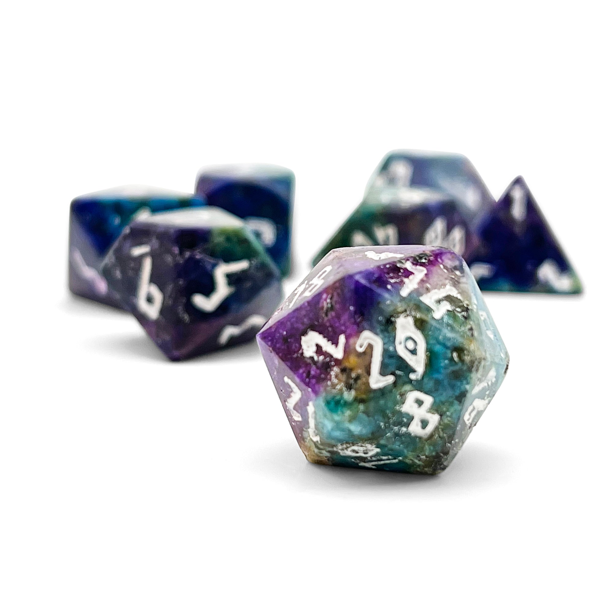 Blue/Purple Sesame Jasper - 7 Piece RPG Set Gemstone Dice-Gemstone Dice-Norse Foundry-Dungeons and Dragons Dice-Gem Dice-DND Dice-Gaming Dice