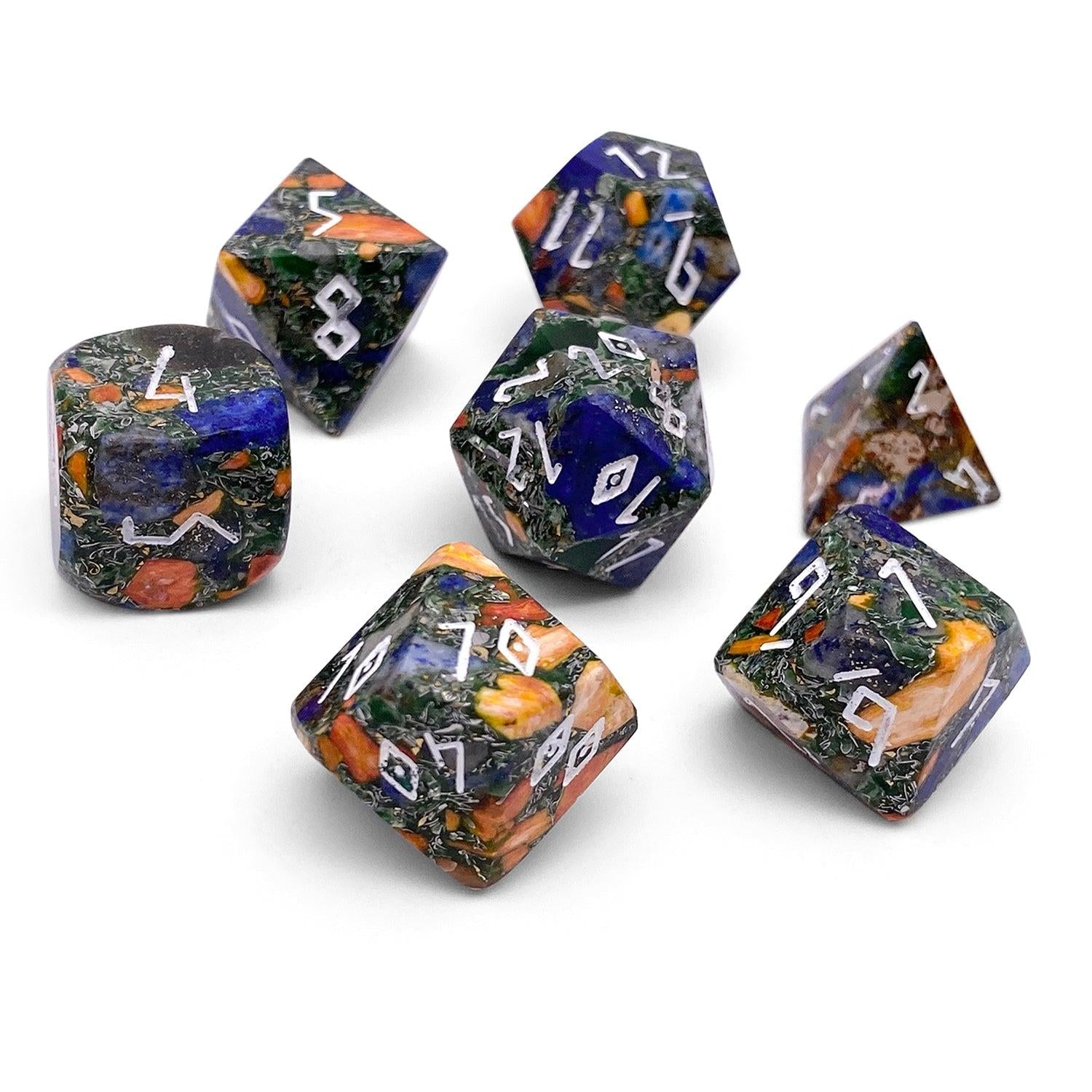 Bronzite Lapis with Orange Imperial Jasper - 7 Piece RPG Set TruStone Dice-Gemstone Dice-Norse Foundry-Dungeons and Dragons Dice-Gem Dice-DND Dice-Gaming Dice