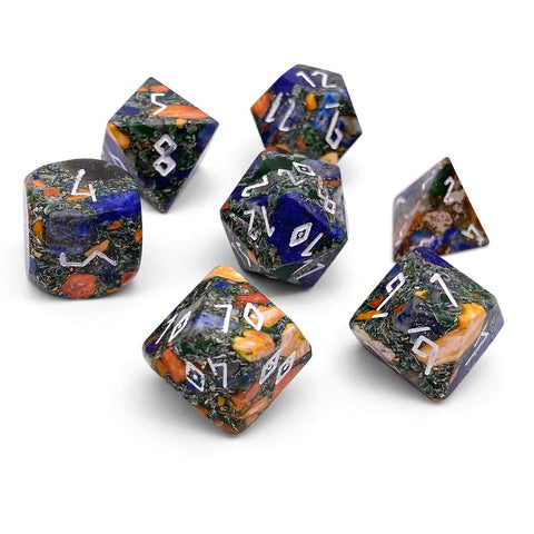 Bronzite Lapis with Orange Imperial Jasper - 7 Piece RPG Set TruStone Dice