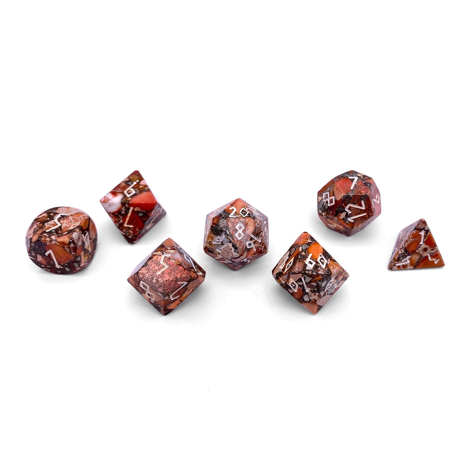 Bronzite Orange Imperial Jasper - 7 Piece RPG Set TruStone Dice-Gemstone Dice-Norse Foundry-Dungeons and Dragons Dice-Gem Dice-DND Dice-Gaming Dice