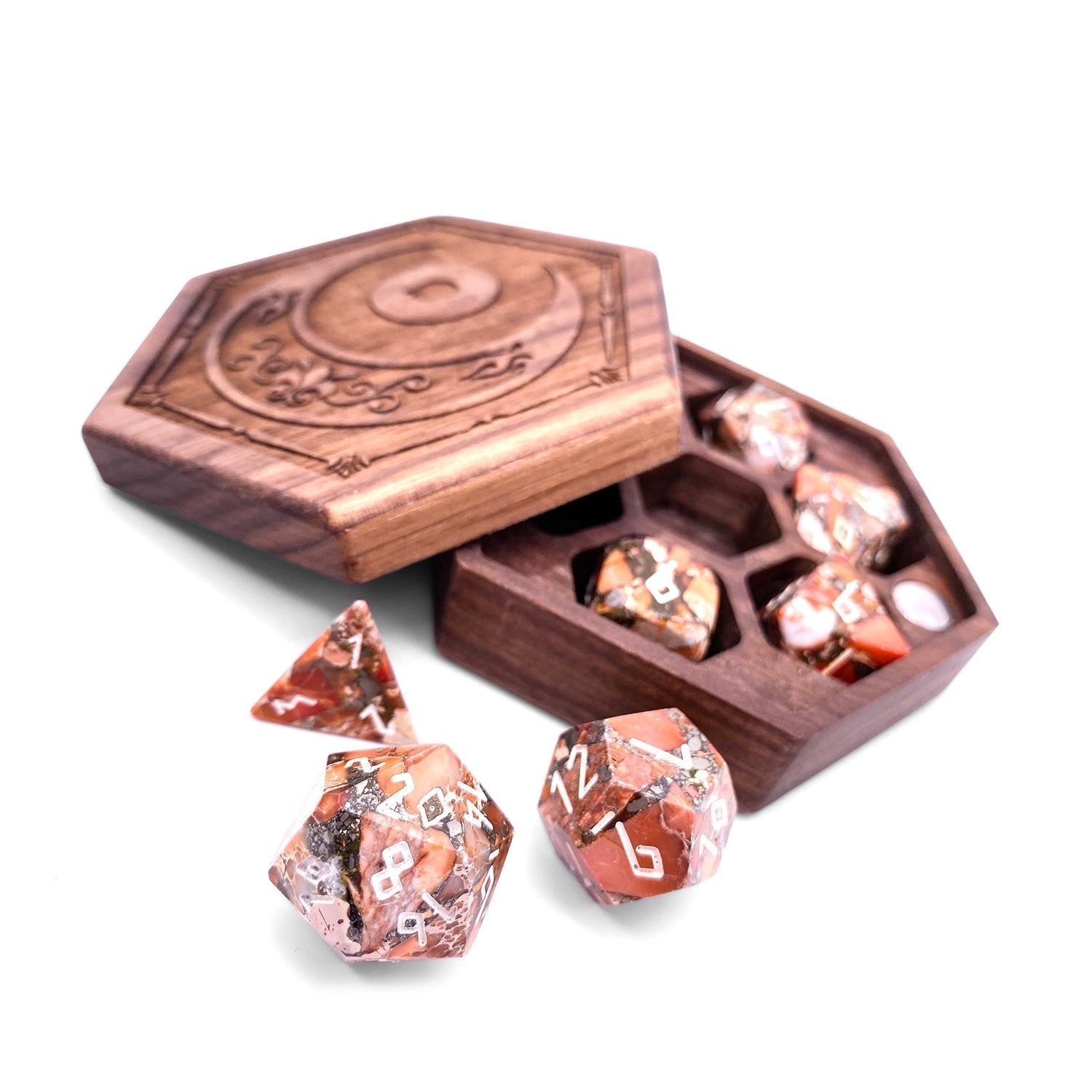 Bronzite Orange Imperial Jasper - 7 Piece RPG Set TruStone Dice-Gemstone Dice-Norse Foundry-Dungeons and Dragons Dice-Gem Dice-DND Dice-Gaming Dice