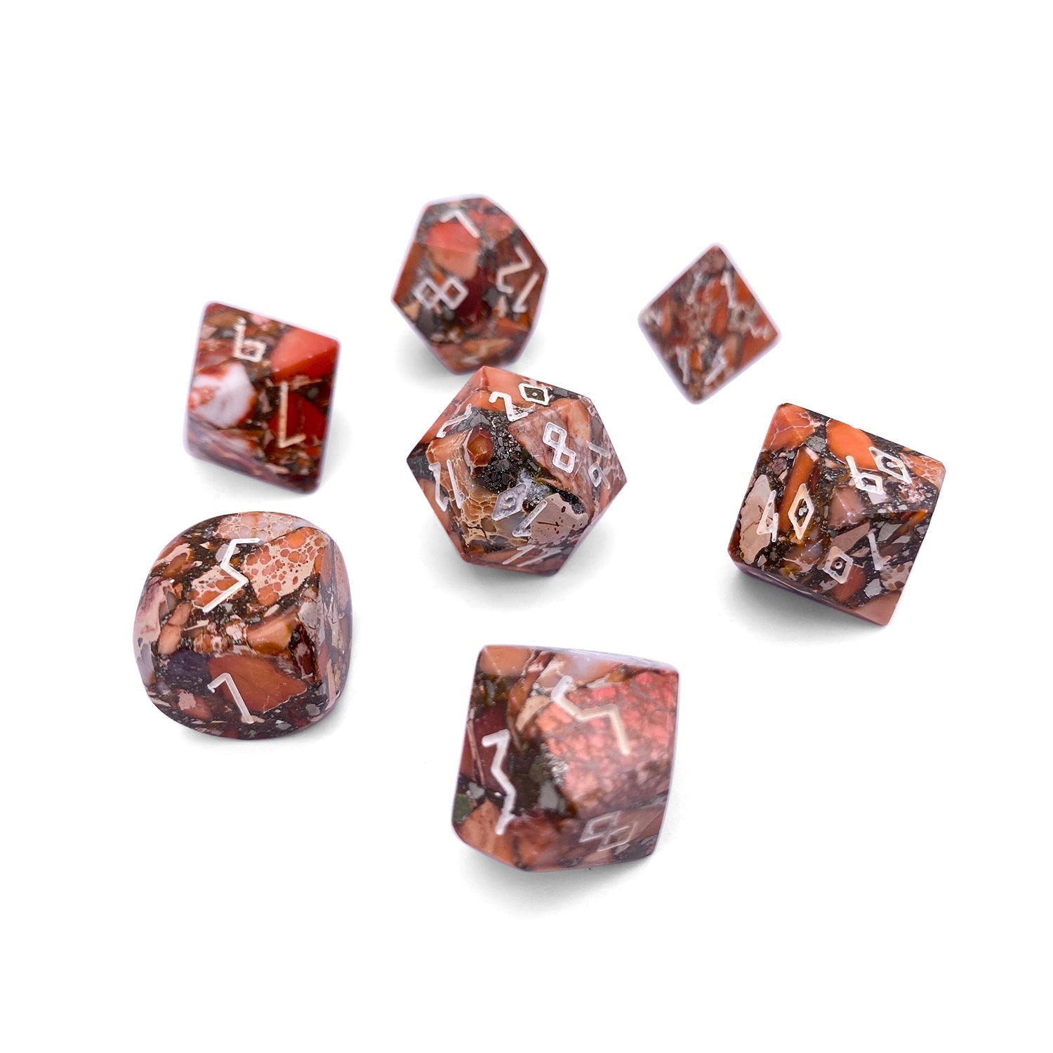 Bronzite Orange Imperial Jasper - 7 Piece RPG Set TruStone Dice-Gemstone Dice-Norse Foundry-Dungeons and Dragons Dice-Gem Dice-DND Dice-Gaming Dice