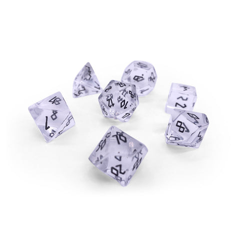 Clear Crystal - Black Font 7 Piece RPG Set Glass Dice