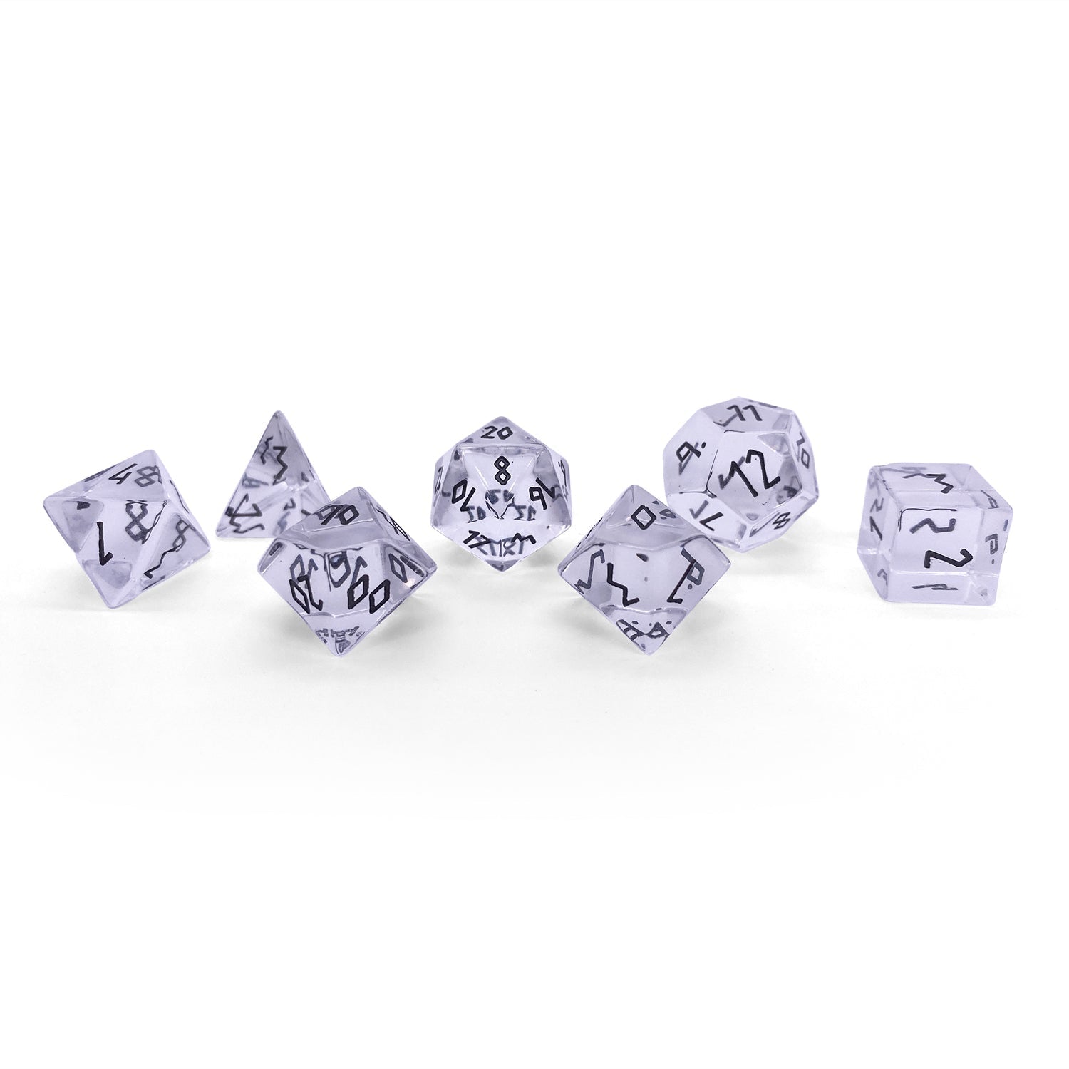 Clear Crystal - Black Font 7 Piece RPG Set Glass Dice - NOR 01572