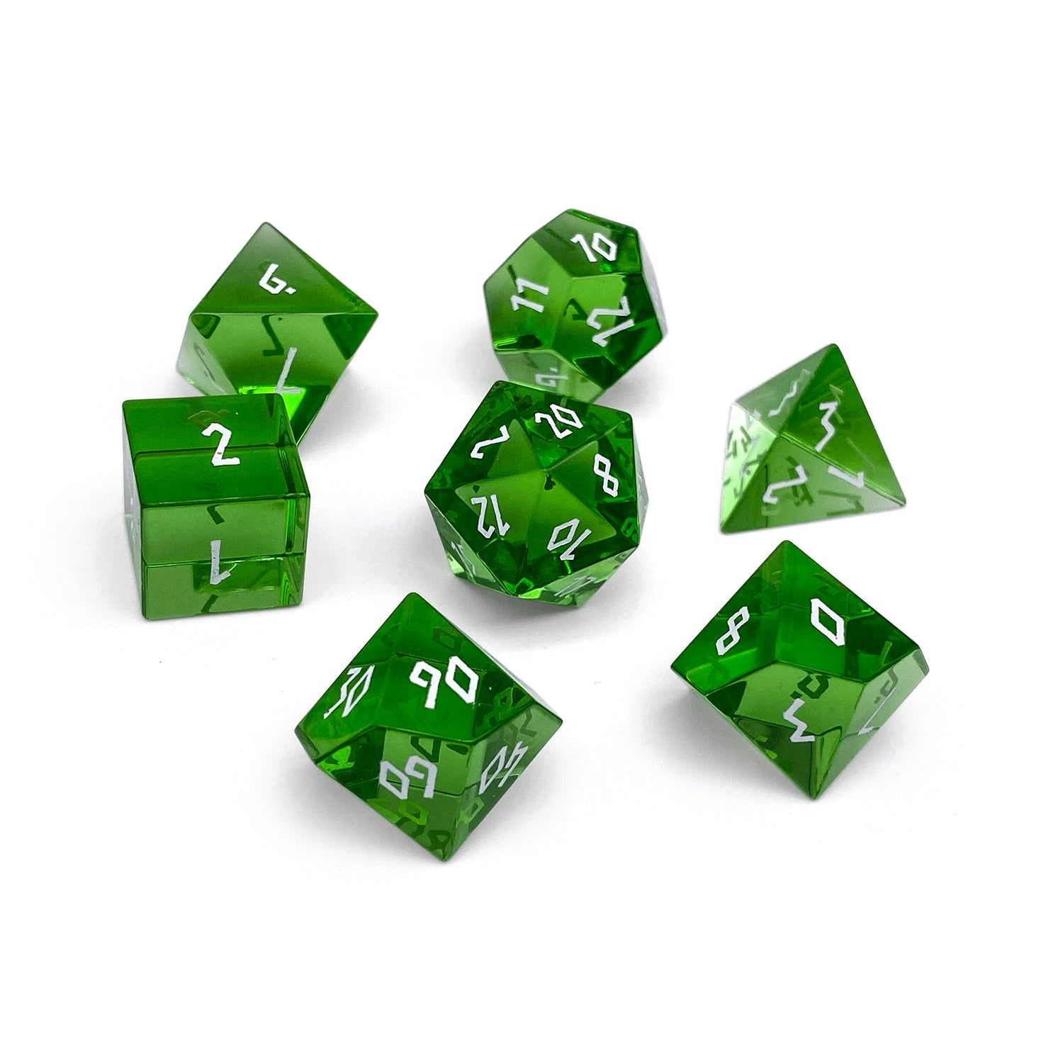 Zircon Emerald - White Font 7 Piece RPG Set Zircon Glass Dice - NOR 01557