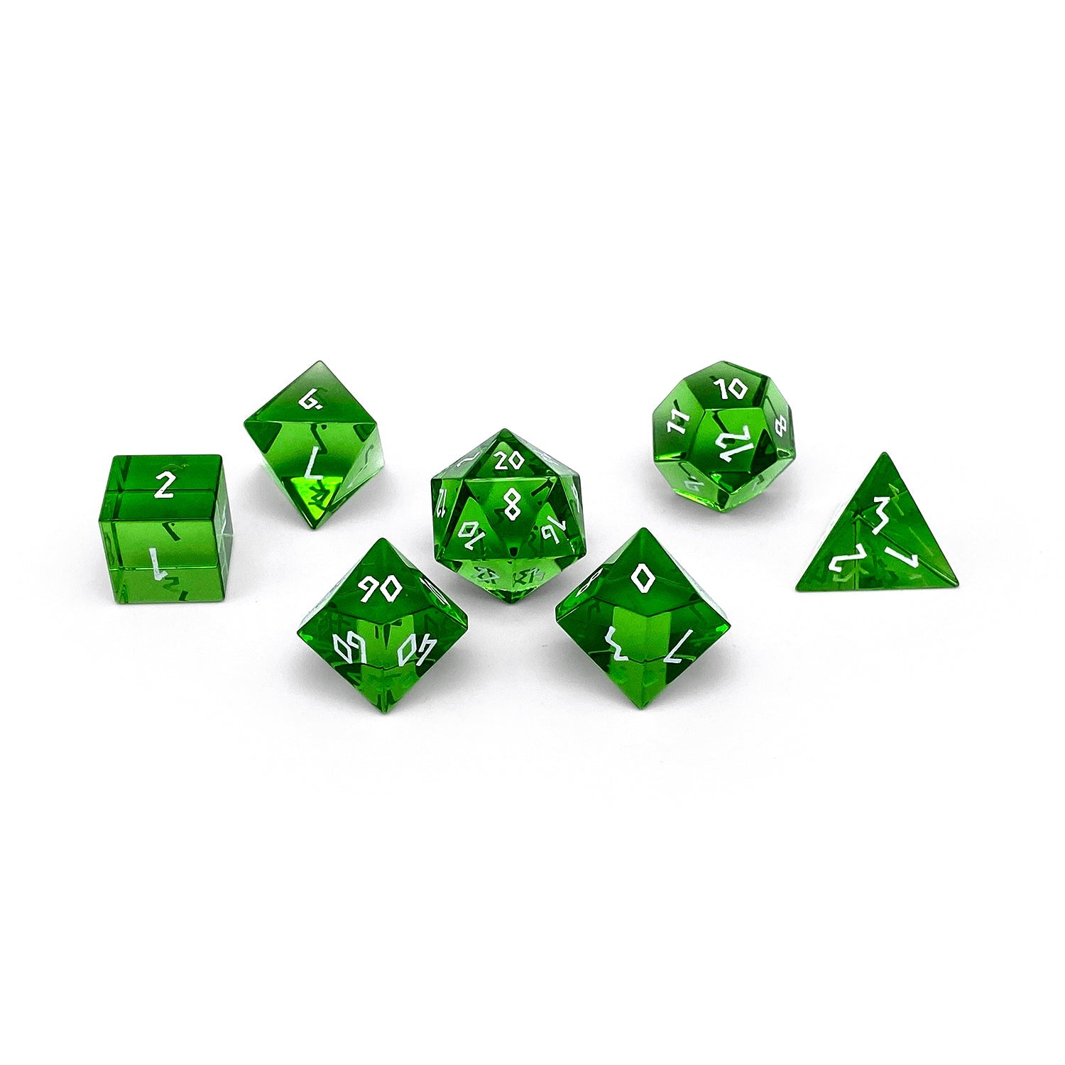 Zircon Emerald - White Font 7 Piece RPG Set Zircon Glass Dice - NOR 01557