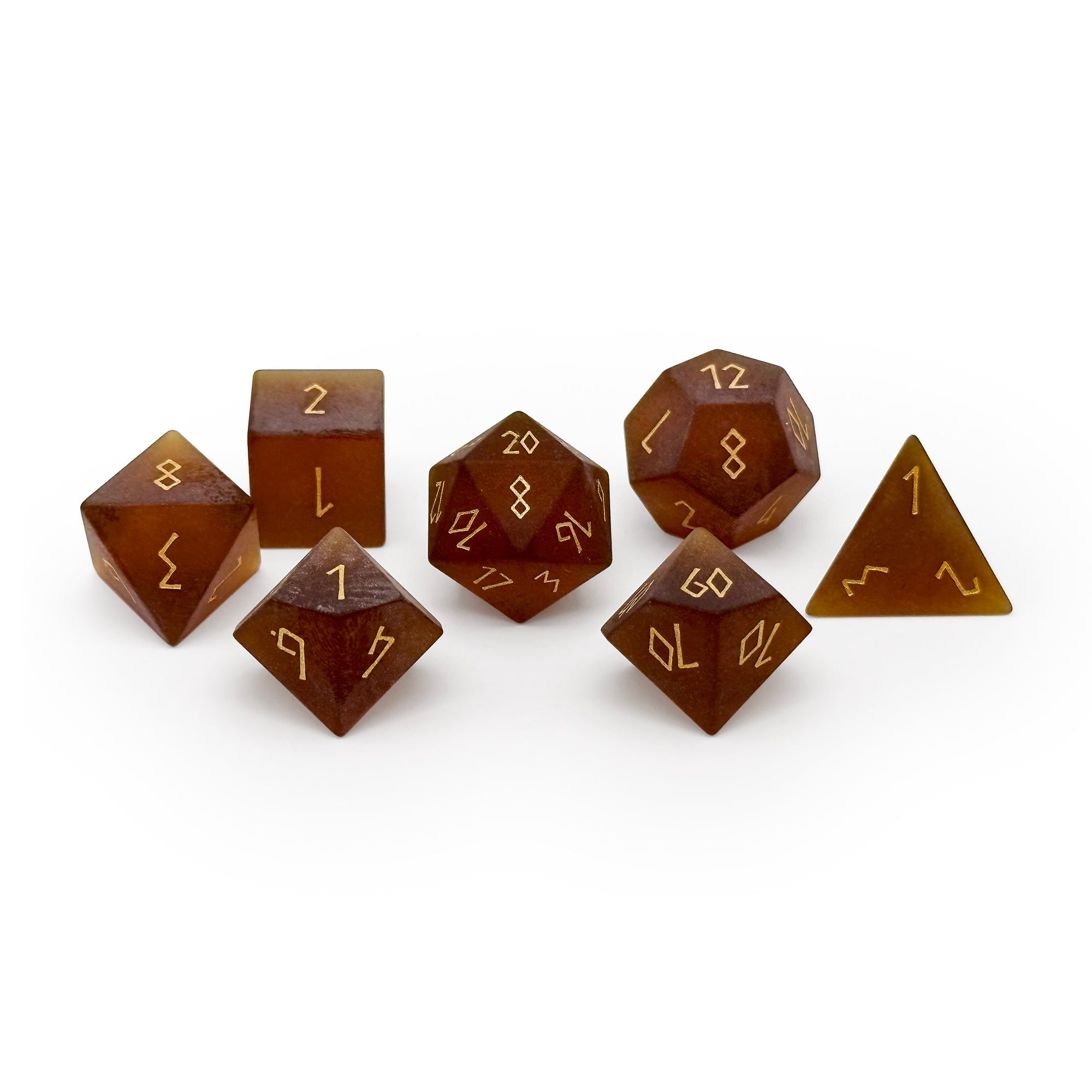 Frosted Zircon Amber Citrine - Gold Font 7 Piece RPG Set Zircon Glass Dice - NOR 01535