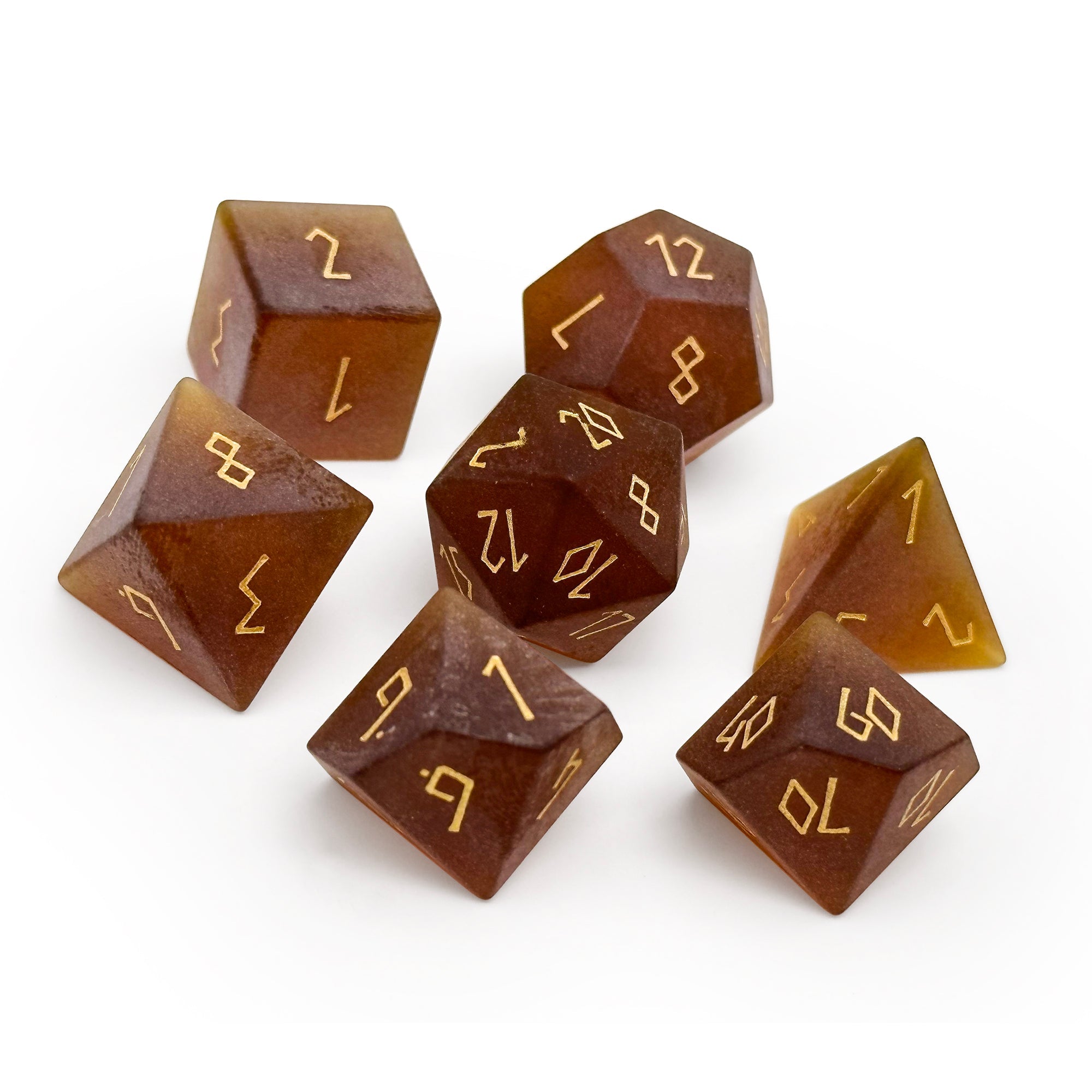 Frosted Zircon Amber Citrine - Gold Font 7 Piece RPG Set Zircon Glass Dice - NOR 01535