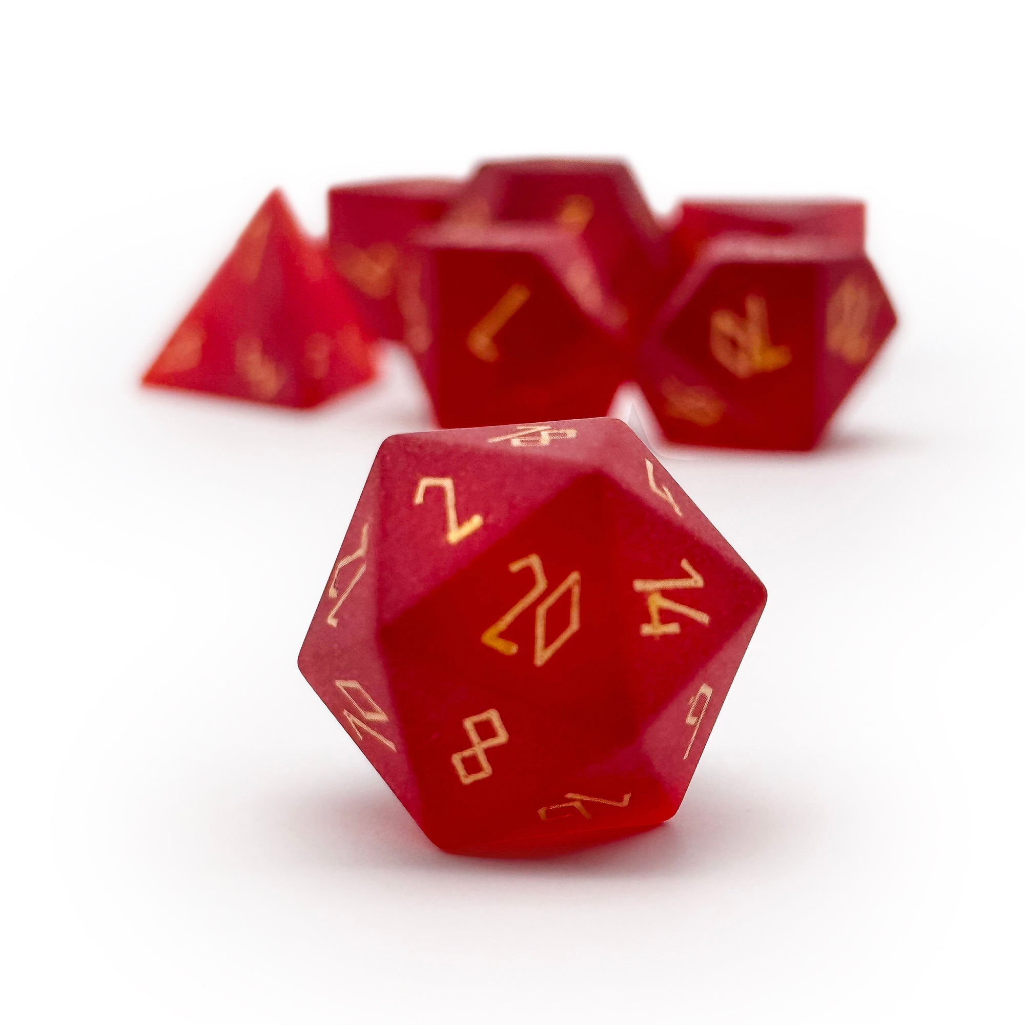 Frosted Zircon Garnet - Gold Font 7 Piece RPG Set Zircon Glass Dice - NOR 01537