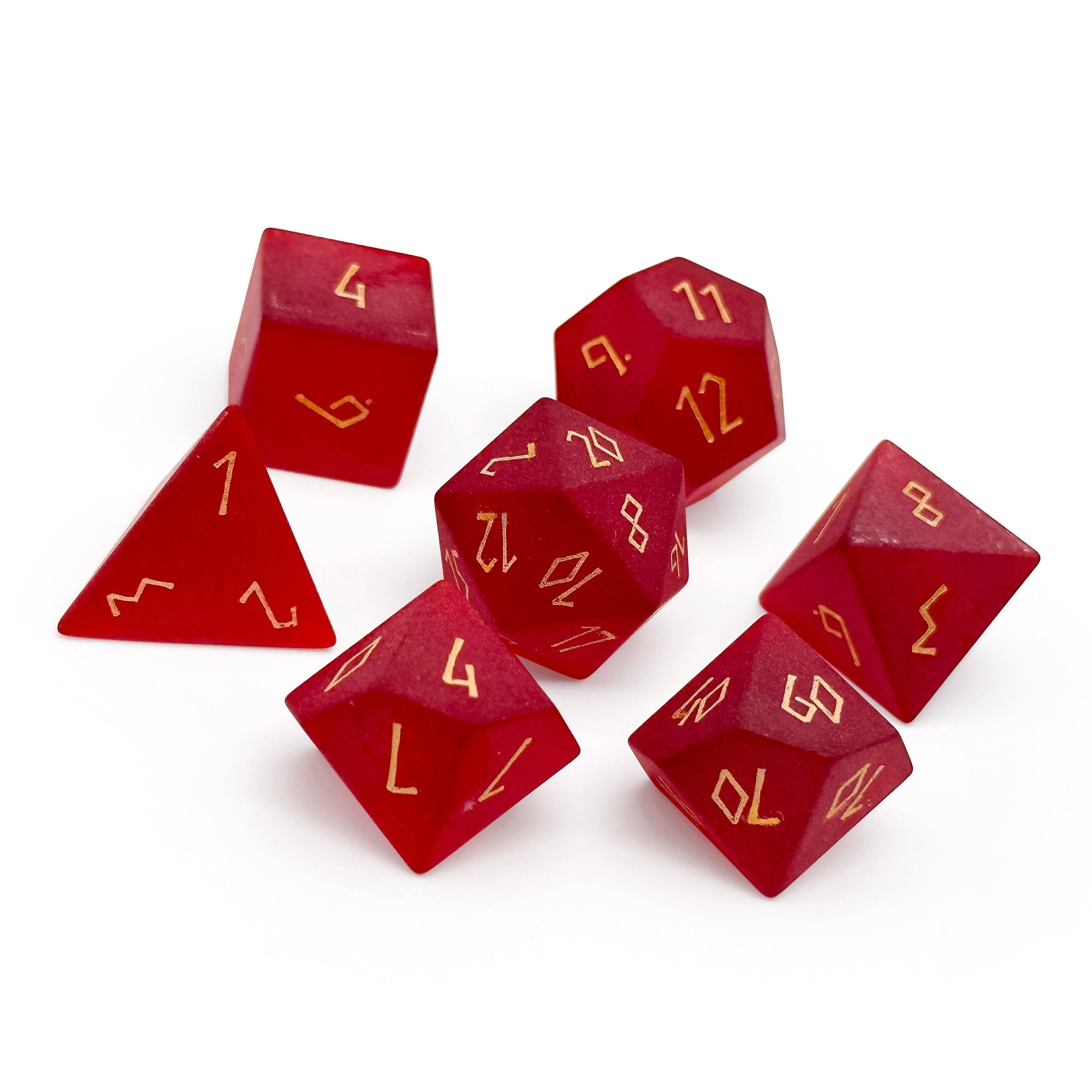 Frosted Zircon Garnet - Gold Font 7 Piece RPG Set Zircon Glass Dice - NOR 01537