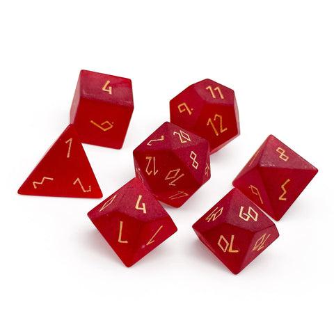 Frosted Zircon Garnet - Gold Font 7 Piece RPG Set Zircon Glass Dice