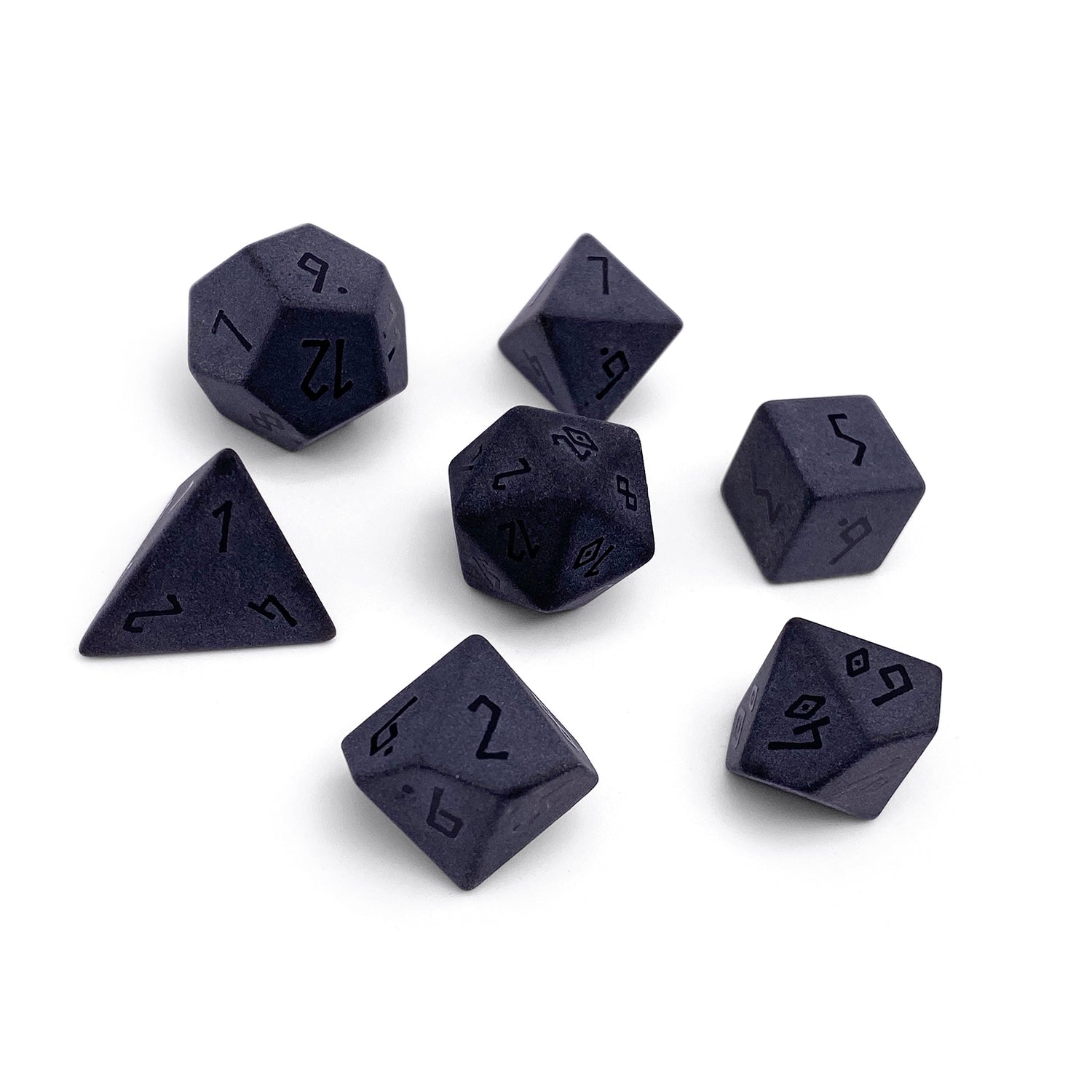 Hematite - Raised 7 Piece RPG Set Gemstone Dice-Gemstone Dice-Norse Foundry-Dungeons and Dragons Dice-Gem Dice-DND Dice-Gaming Dice