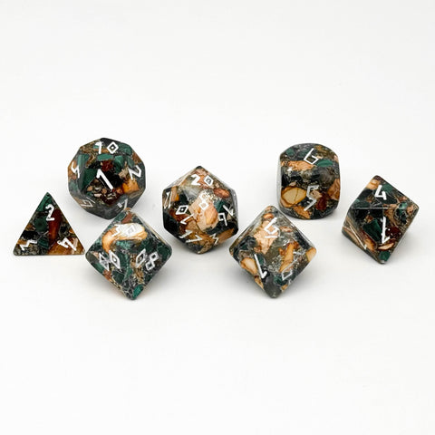 Malachite Orange Imperial Jasper- 7 Piece RPG Set TruStone Dice