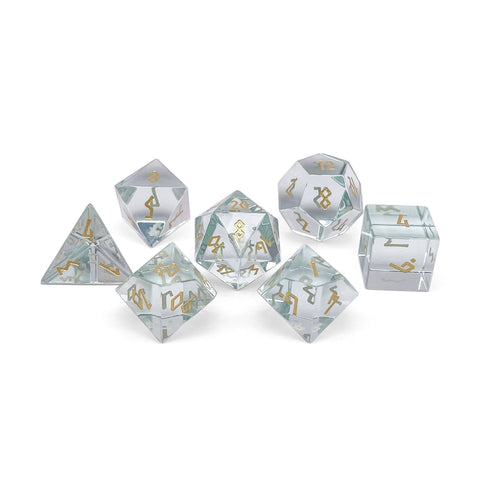 K9 Rainbow Glass - Gold Font - 7 Piece RPG Set Glass Dice