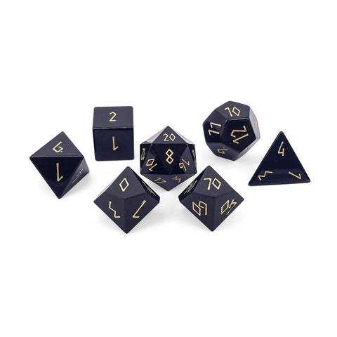 Black Obsidian - Gold Font - 7 Piece RPG Set Gemstone Dice