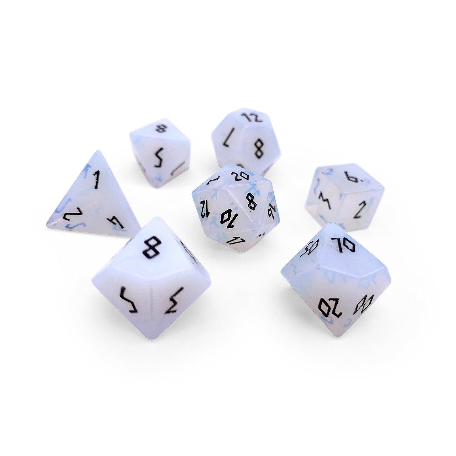 Opalite - Black Font 7 Piece RPG Set Gemstone Dice - NOR 01013