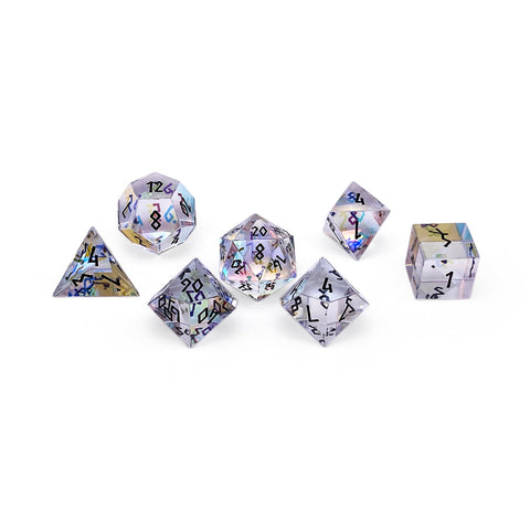 K9 Rainbow Glass - Black Font - 7 Piece RPG Set Glass Dice