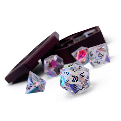 K9 Rainbow Glass - Black Font - 7 Piece RPG Set Glass Dice