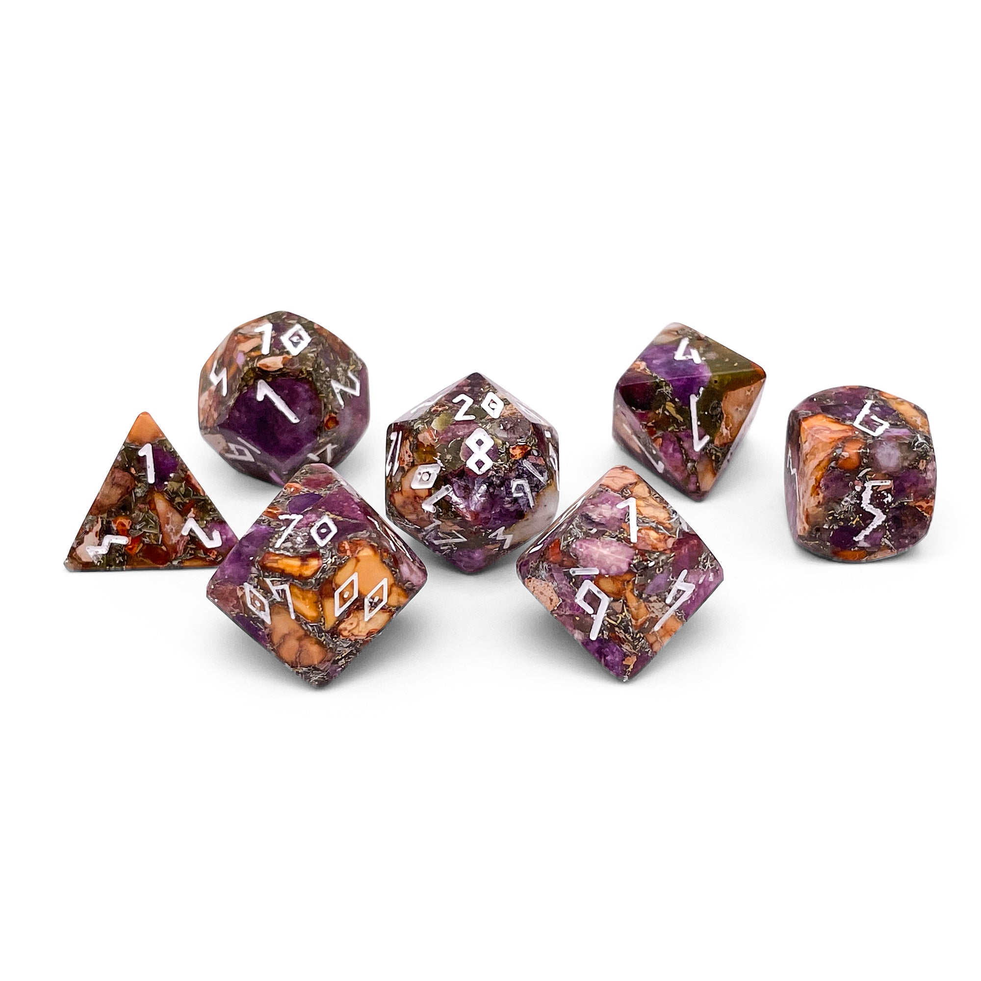 Lepidolite Orange Imperial Jasper - 7 Piece RPG Set TruStone Dice-Gemstone Dice-Norse Foundry-Dungeons and Dragons Dice-Gem Dice-DND Dice-Gaming Dice