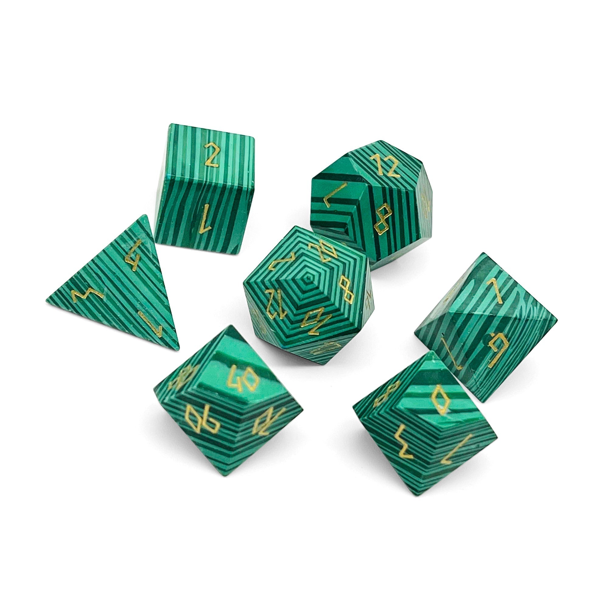 Malachite - Gold Font 7 Piece RPG Set Gemstone Dice-Gemstone Dice-Norse Foundry-Dungeons and Dragons Dice-Gem Dice-DND Dice-Gaming Dice