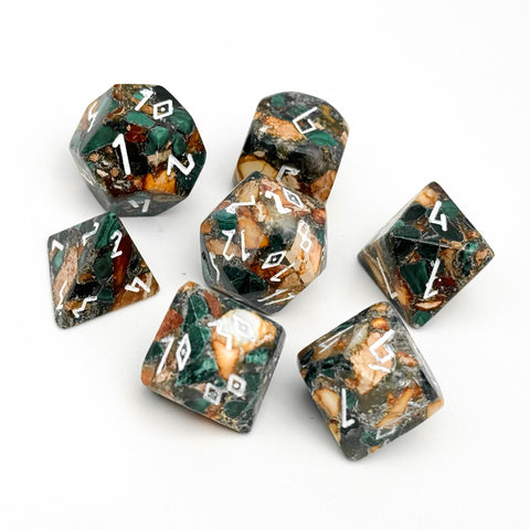 Malachite Orange Imperial Jasper- 7 Piece RPG Set TruStone Dice