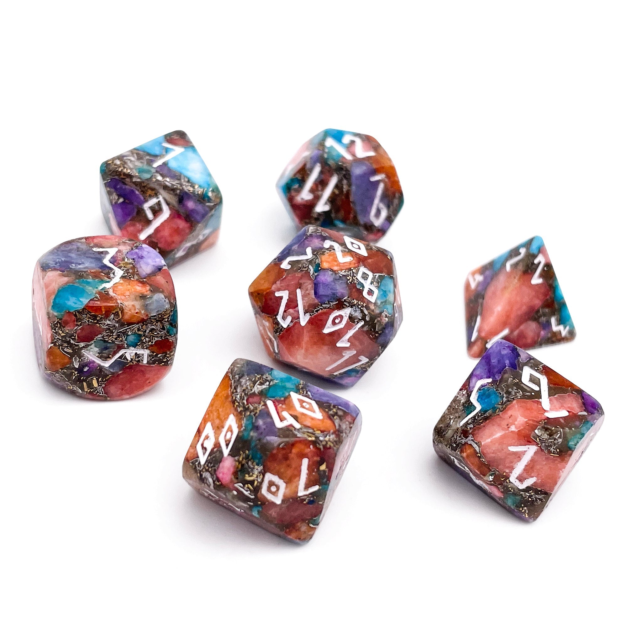 Multi Colored Calcite - 7 Piece RPG Set TruStone Dice-Gemstone Dice-Norse Foundry-Dungeons and Dragons Dice-Gem Dice-DND Dice-Gaming Dice