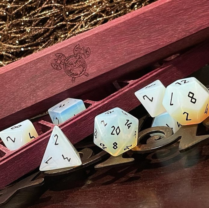 Opalite - Black Font 7 Piece RPG Set Gemstone Dice-Gemstone Dice-Norse Foundry-Dungeons and Dragons Dice-Gem Dice-DND Dice-Gaming Dice