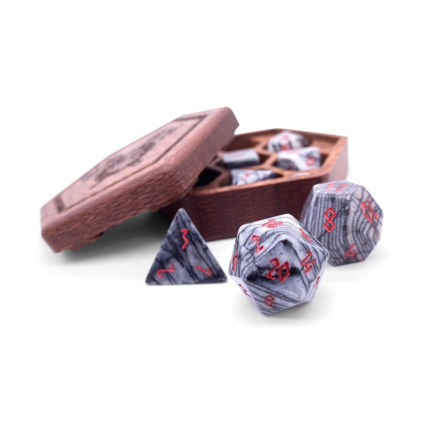 Black Network Agate - 7 Piece RPG Set Gemstone Dice - NOR 01031