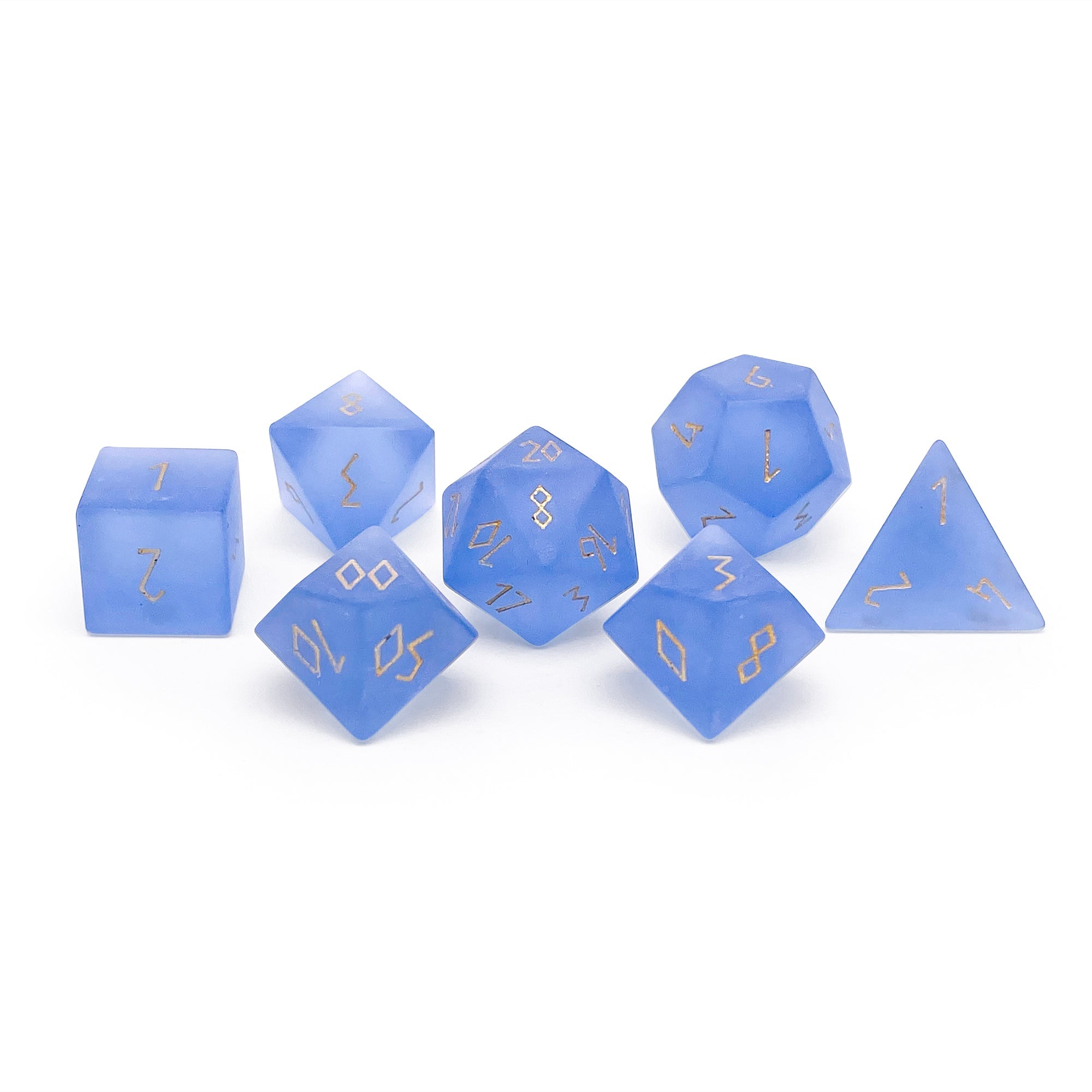 Frosted Zircon Sapphire - Gold Font 7 Piece RPG Set Zircon Glass Dice - NOR 01538