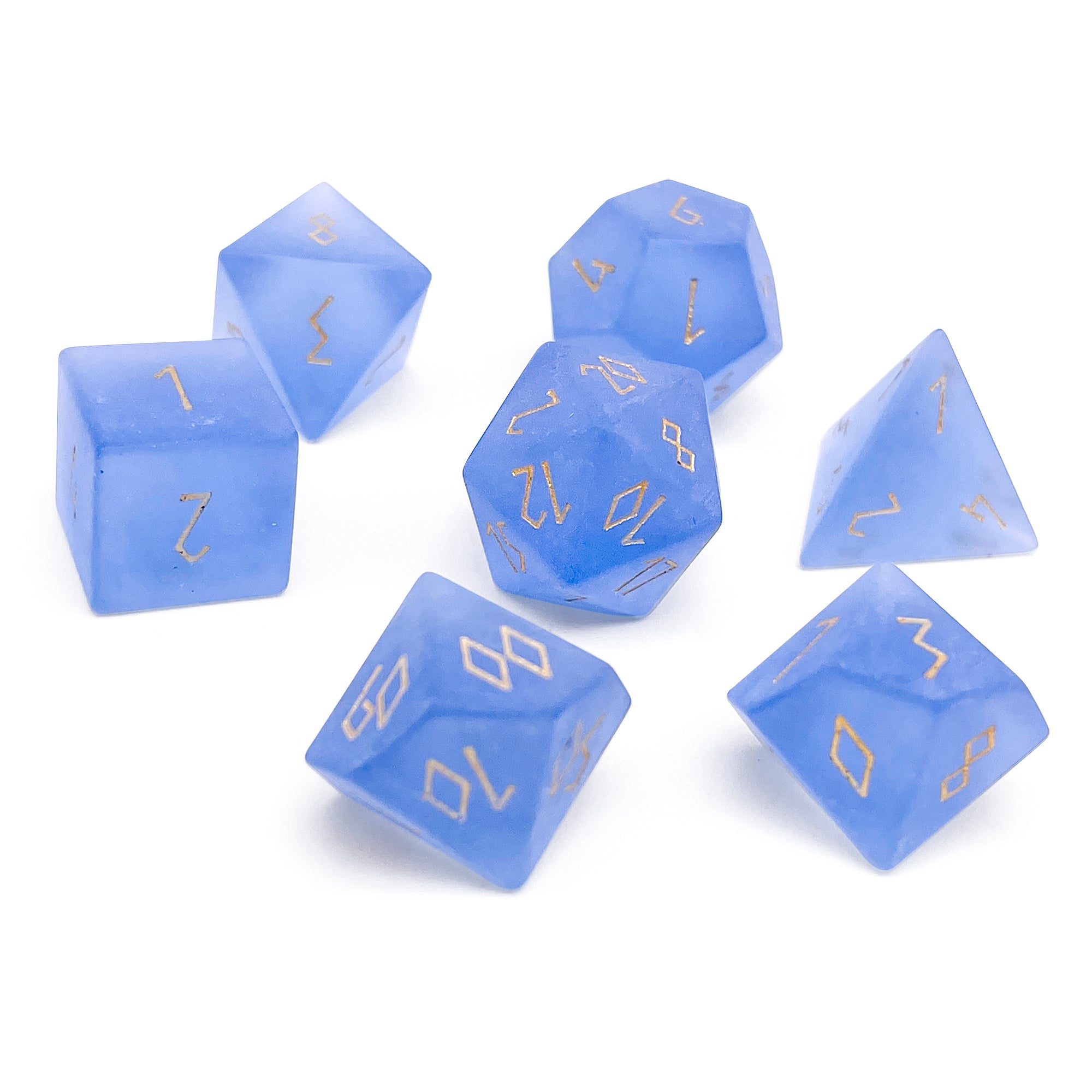 Frosted Zircon Sapphire - Gold Font 7 Piece RPG Set Zircon Glass Dice - NOR 01538