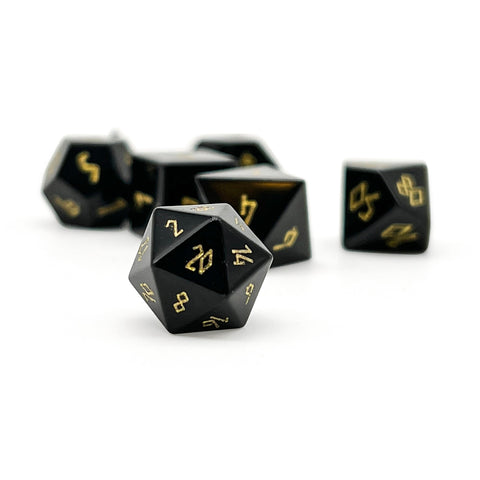 Black Obsidian - Gold Font Pebble RPG Set Gemstone Dice