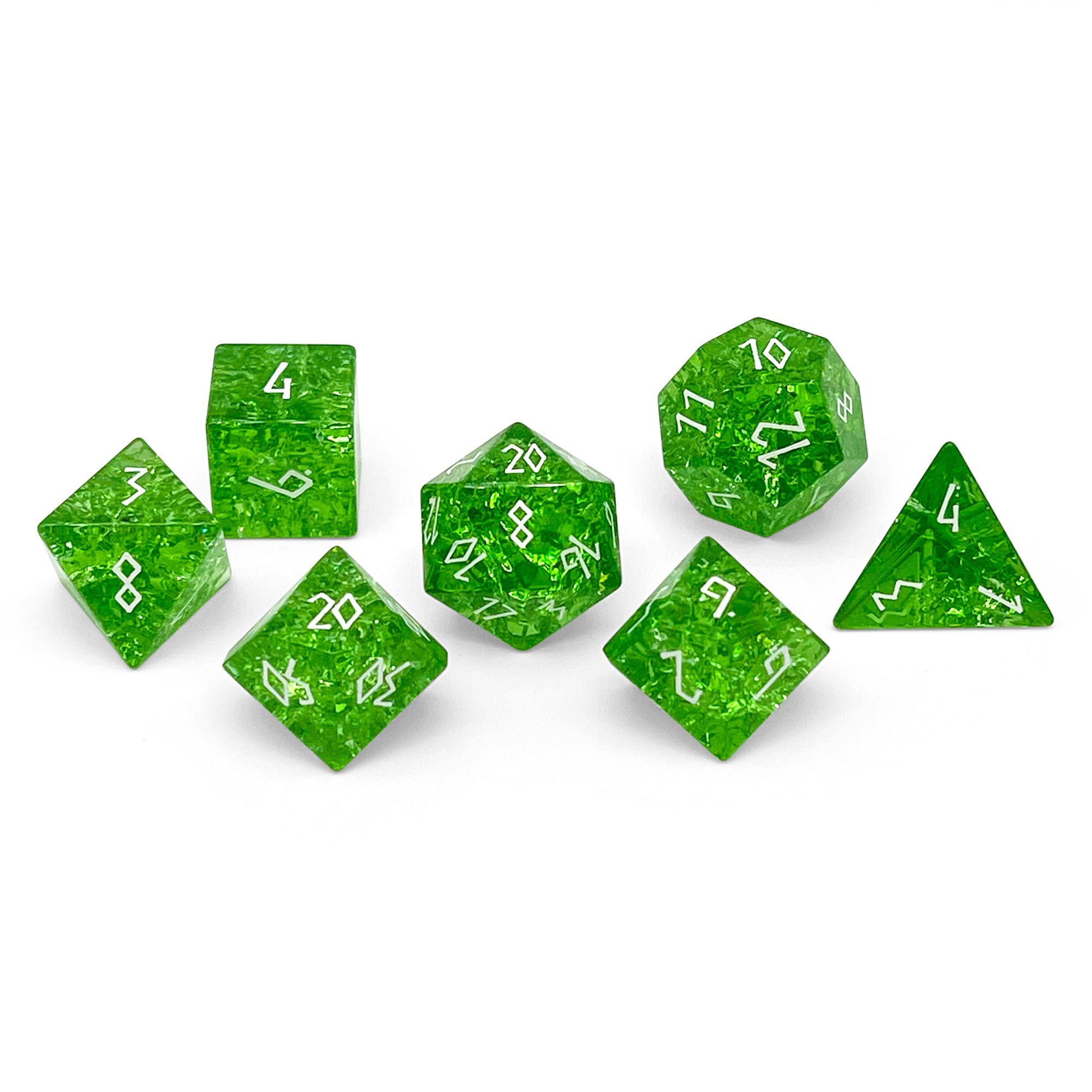 Shattered Zircon Emerald - White Font 7 Piece RPG Set Zircon Glass Dice - NOR 01577