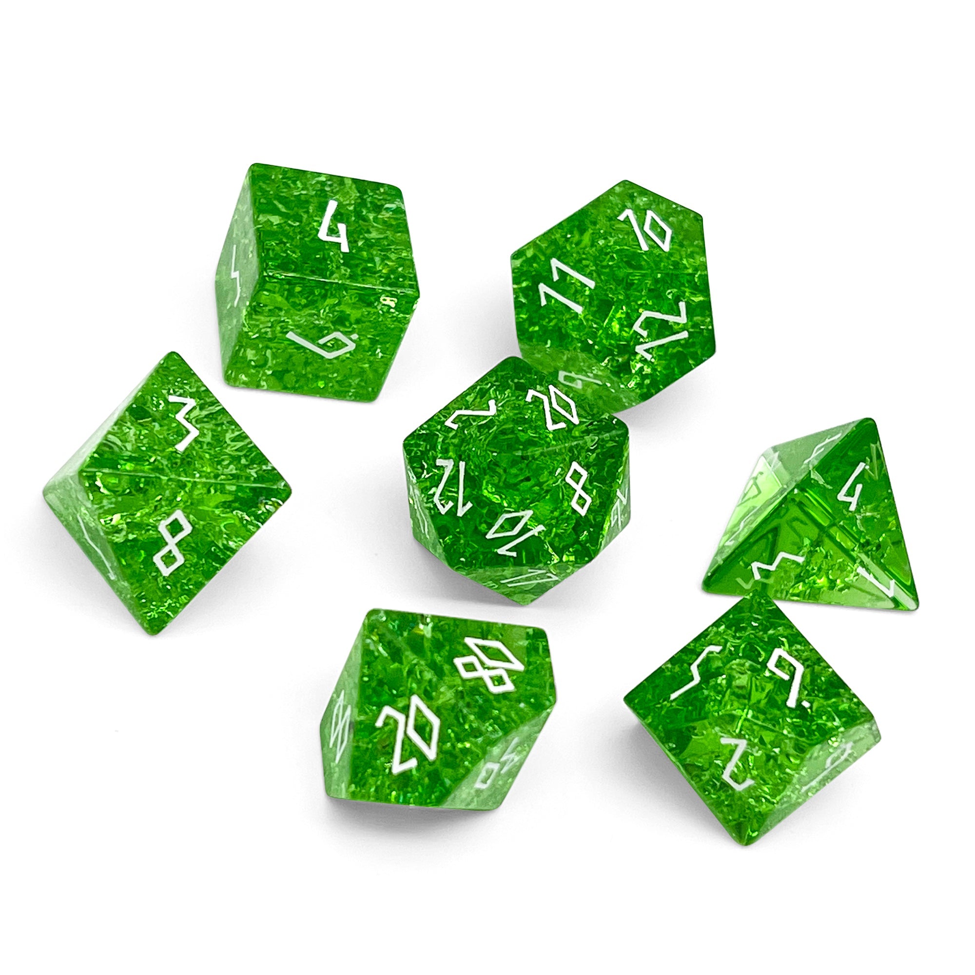 Shattered Zircon Emerald - White Font 7 Piece RPG Set Zircon Glass Dice - NOR 01577