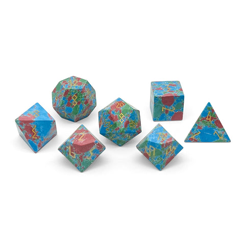 Red, Green, and Blue Splotted Turquoise - 7 Piece RPG Set TruStone Dice