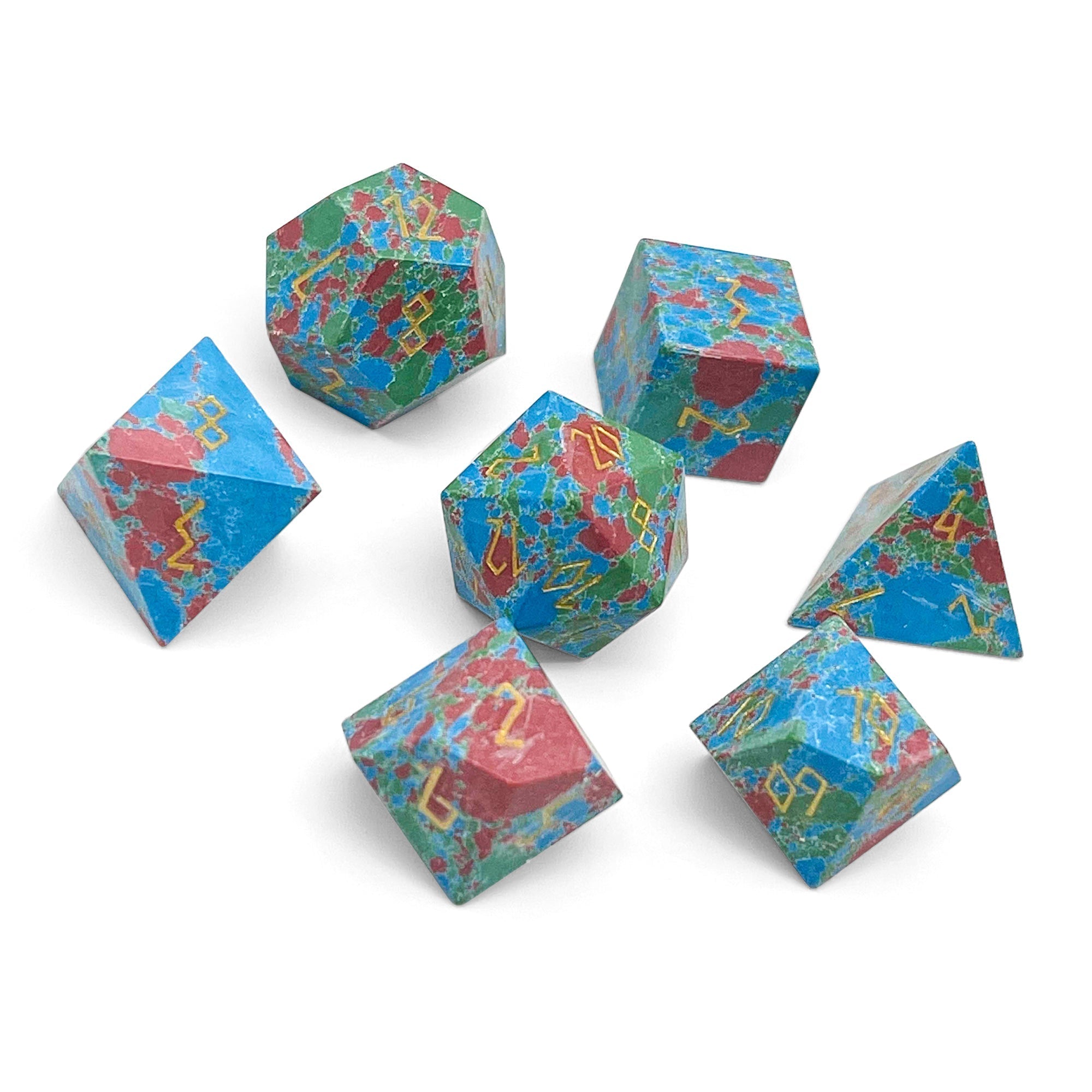 Red, Green, and Blue Splotted Turquoise - 7 Piece RPG Set TruStone Dice-Gemstone Dice-Norse Foundry-Dungeons and Dragons Dice-Gem Dice-DND Dice-Gaming Dice