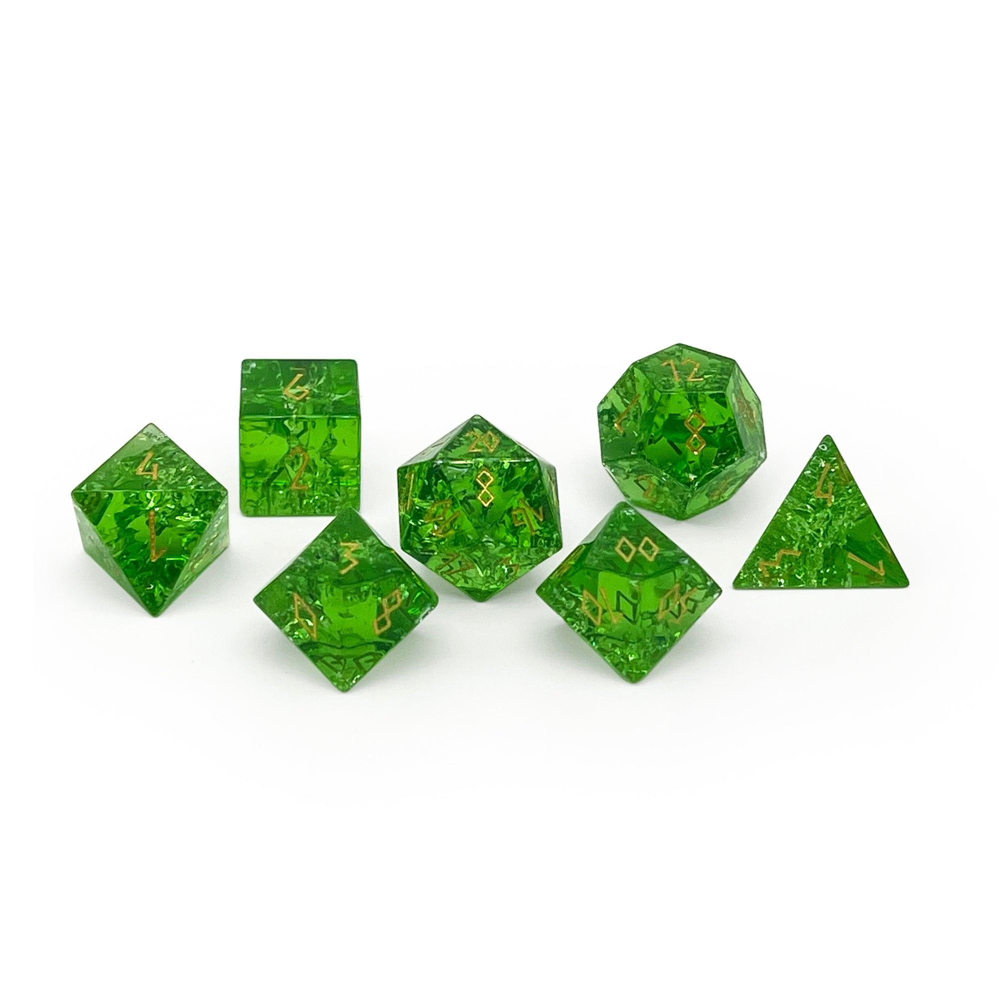 Shattered Zircon Emerald - Gold Font 7 Piece RPG Set Zircon Glass Dice - NOR 01547