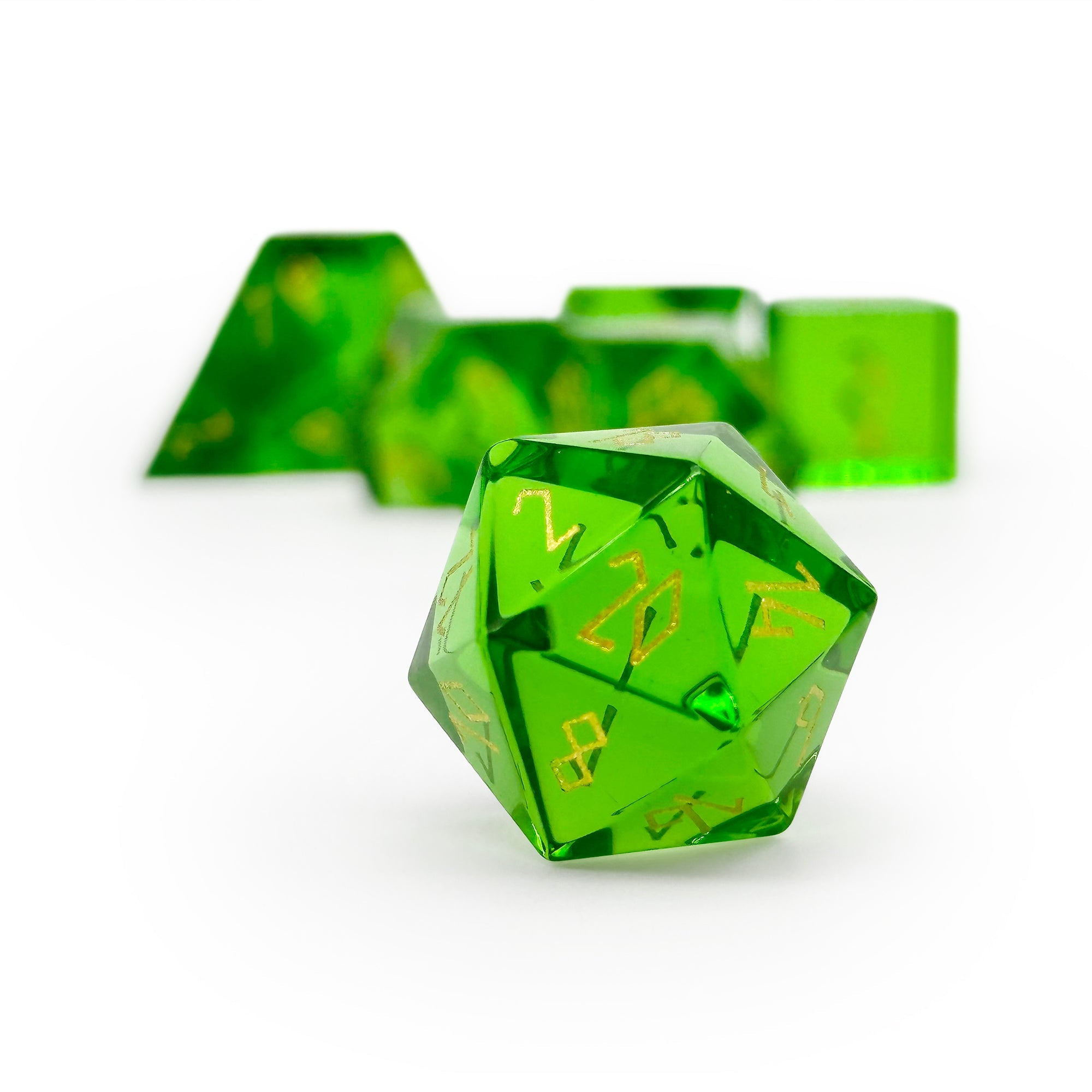 Zircon Emerald - Gold Font 7 Piece RPG Set Zircon Glass Dice - NOR 01567