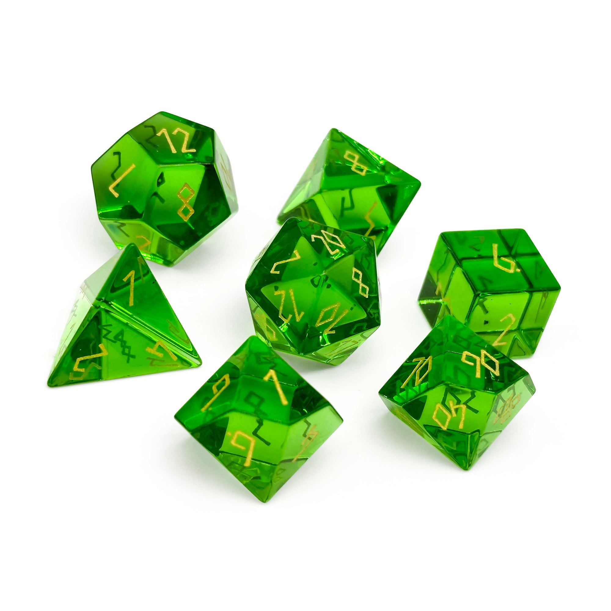 Zircon Emerald - Gold Font 7 Piece RPG Set Zircon Glass Dice - NOR 01567