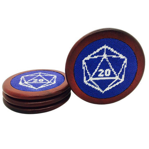 Blue D20 Wooden Coasters RPG Needlepoint