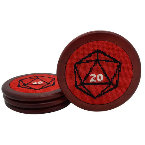 Red D20 Wooden Coasters RPG Needlepoint